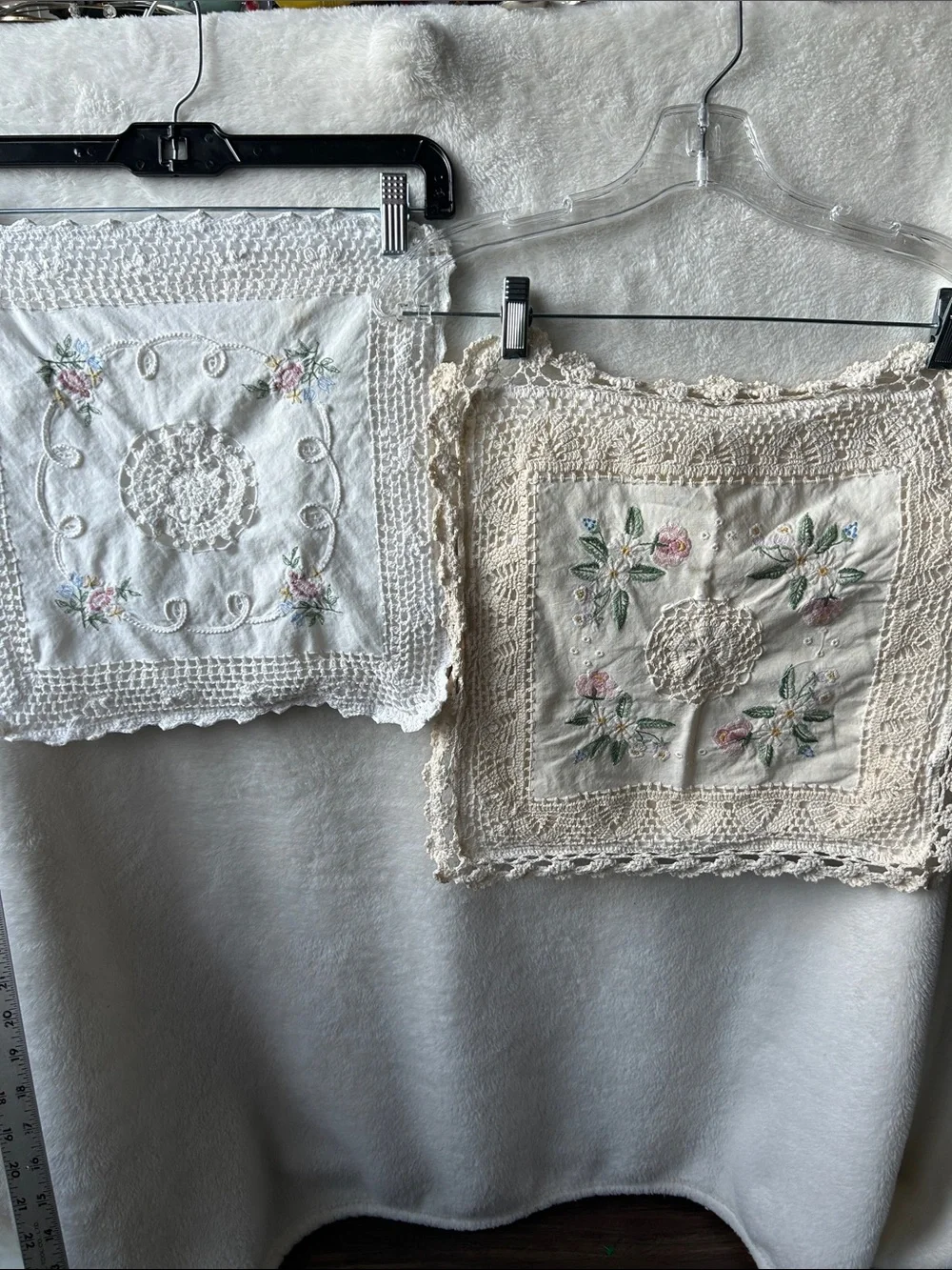 Vintage hand -Embroidered Cream Lace Trim pillow cover shams